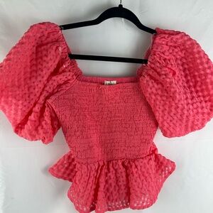 Entro Coral Smocked Blouse with Puff Sleeves